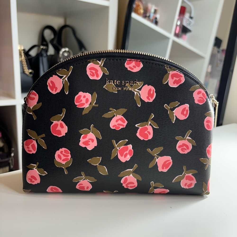 Kate Spade black and pink ditsy rose print crossbody bag